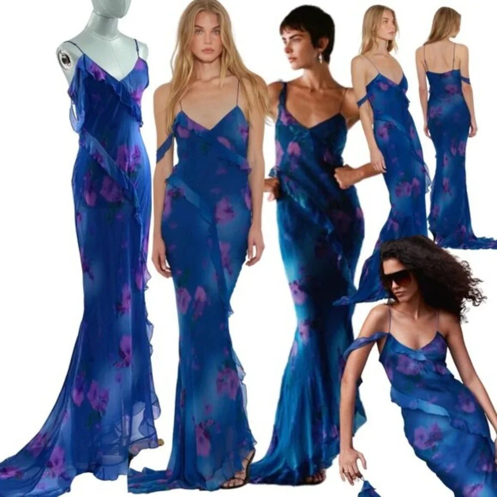 🆕 RAT & BOA 🧿 NWOT Sorrento Chiffon Maxi Dress with Train, Blue Floral - Sz XL